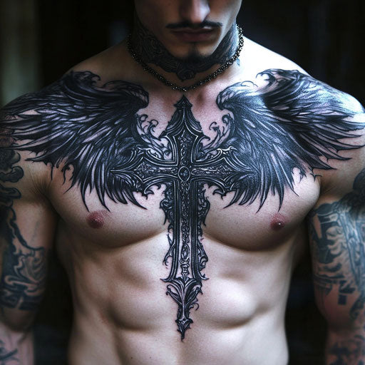 Christian tattoos for men with a gothic cross with wings on the chest in the style of Gerald Brom