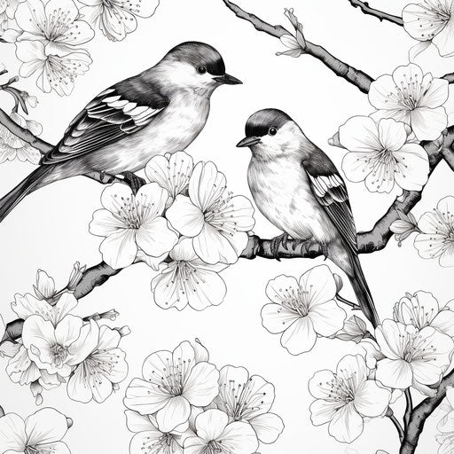 Hand drawn pattern with cherry blossom flowers in black white