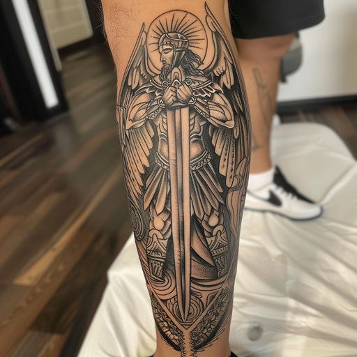 Polynesian-inspired tattoo of Saint Michael on white backdrop