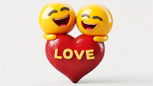 Two happy emoji hugging on top of a red heart