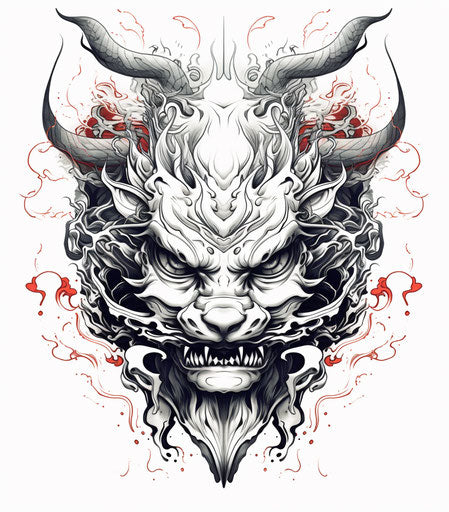 Demon head tattoo, abstract geometric shapes, unique illustrations
