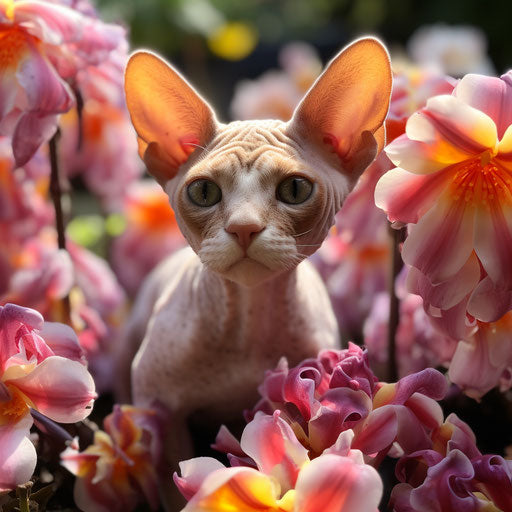 Devon rex cat in a flower bed with beautiful flowers