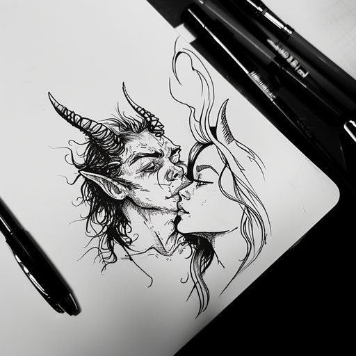Minimalist sketch of an angel whispering to a devil