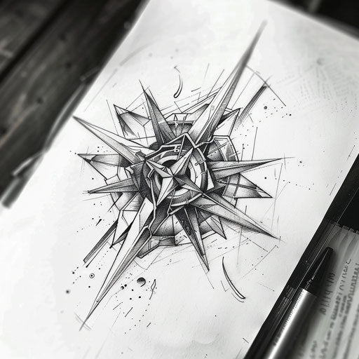 Futuristic tattoo sketch of a compass rose with metallic shades and sharp angular lines