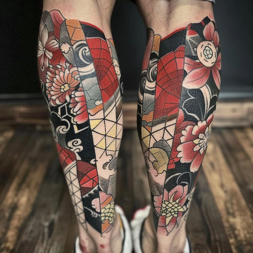 Japanese motifs patchwork tattoo in the style of Ami James