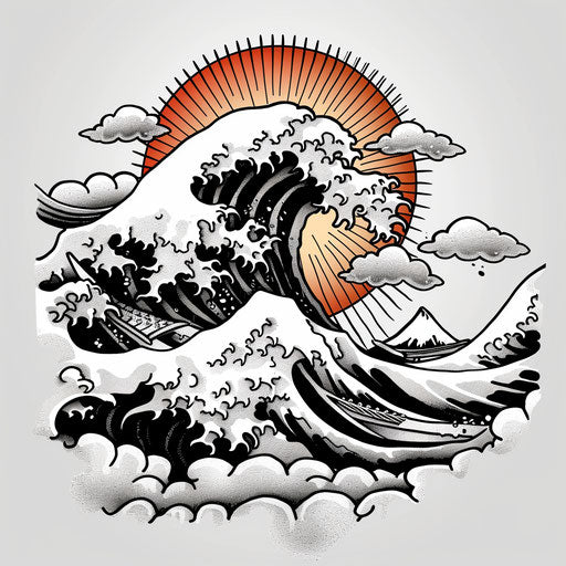 Classic tattoo sketch of a rising sun with traditional Japanese waves in clipart style