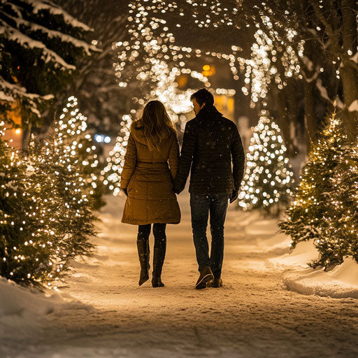 Winter stroll among illuminated Christmas trees