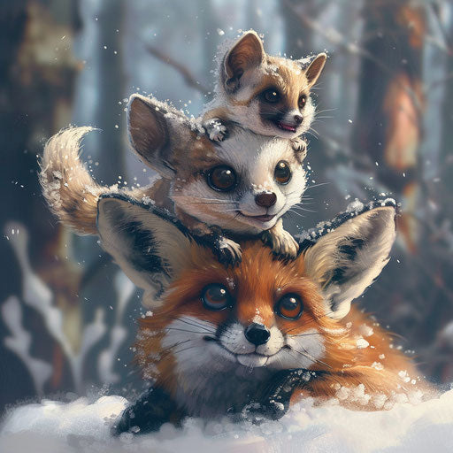 Winter adventure: sugar glider riding on a fox's back