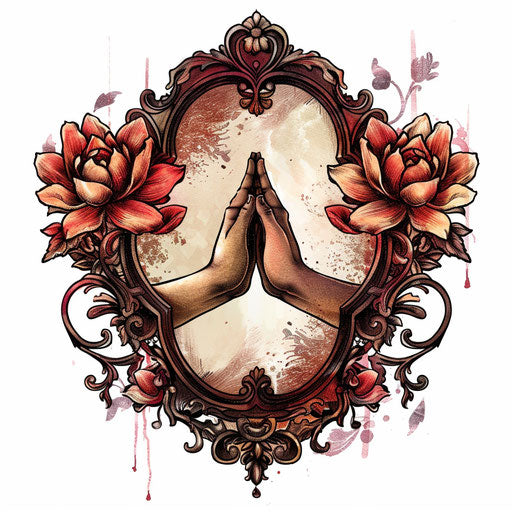 Heartwarming tattoo sketch of mirror reflecting two holding hands, in warm reds and pinks, in loving clipart style