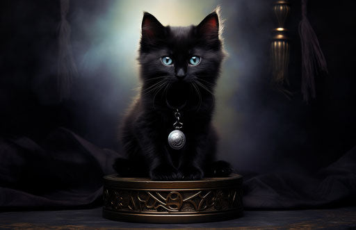 Cute black kitten on a black stool