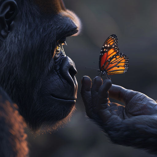 Gorilla hand holding delicate butterfly