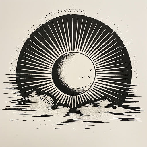 Bold clipart style tattoo sketch of a rising sun with stark contrast black and white stripes