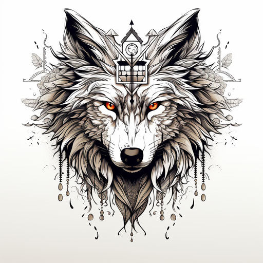 Black and white wolf tattoo design, intricate collage style