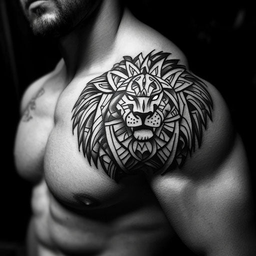 Tribal tattoos for men with a fierce lion on the shoulder