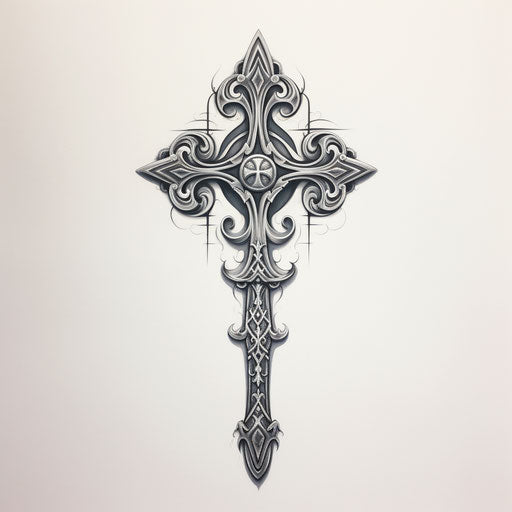 Black pencil drawing of a sword with symbolic elements