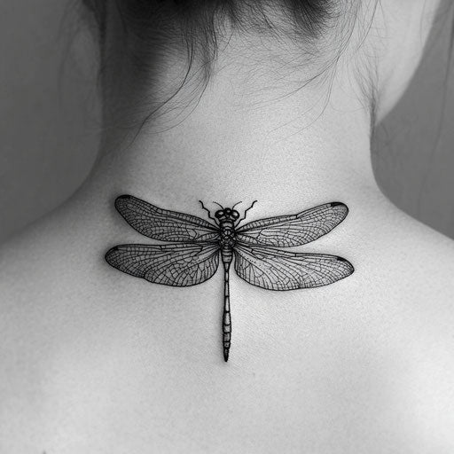 Dragonfly silhouette dark ink small neck tattoo for men