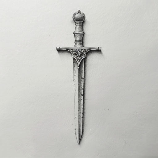 Detailed sketch of a silver sword with fine line work and subtle shading