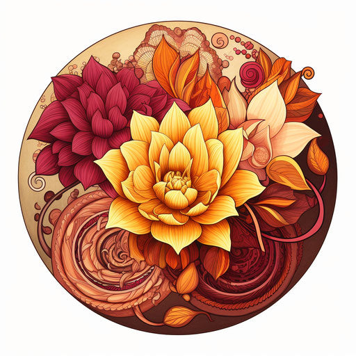 Yellow and orange flowers in Aztec style, hand-coloring