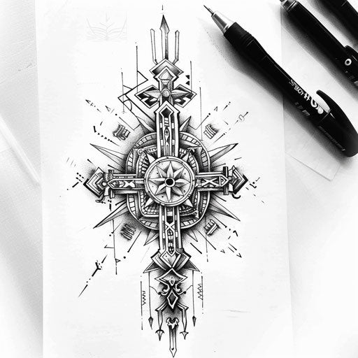 Exotic flat tattoo sketch of the Cruz with traditional Aztec or Mayan patterns