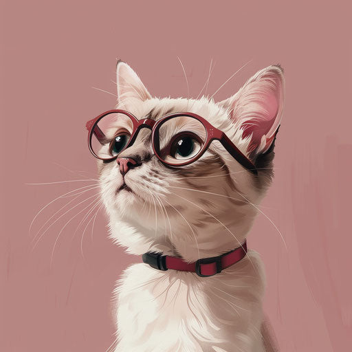Cute cat in glasses, light pink and maroon style, primitivist frenzy