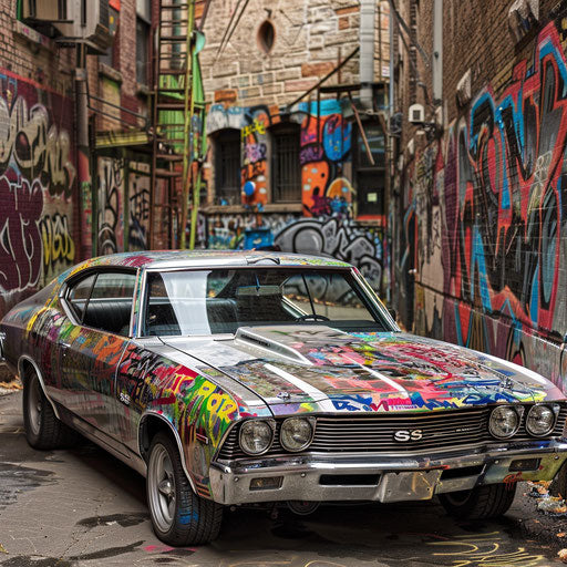 1969 Chevrolet Chevelle SS art car covered in vibrant graffiti, parked in urban alley