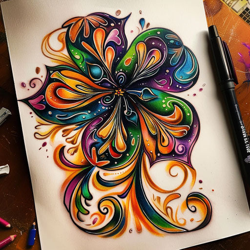 Psychedelic tattoo sketch of a black clover with swirling patterns and vivid, contrasting colors