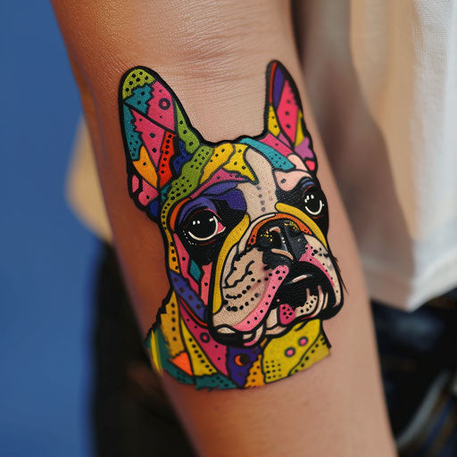 Vibrant pop art dog tattoo sketch with colorful bulldog