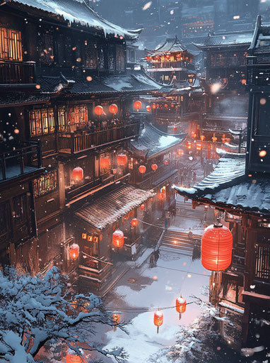 Architectural elements in Chinese style with red lanterns in courtyard