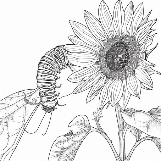 A caterpillar climbing on a sunflower stalk