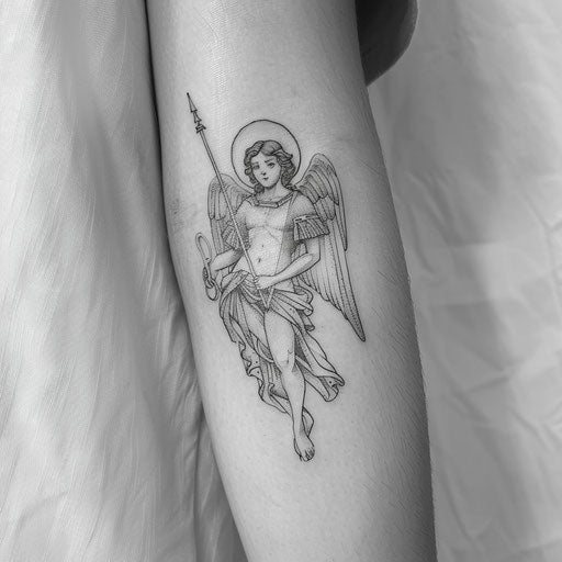 Minimalist line art of Saint Michael in black ink on white background for contrast