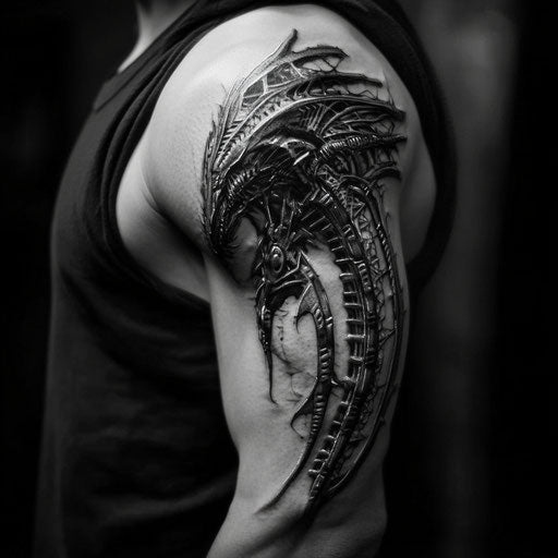 Upper arm tattoos for men with a biomechanical dragon