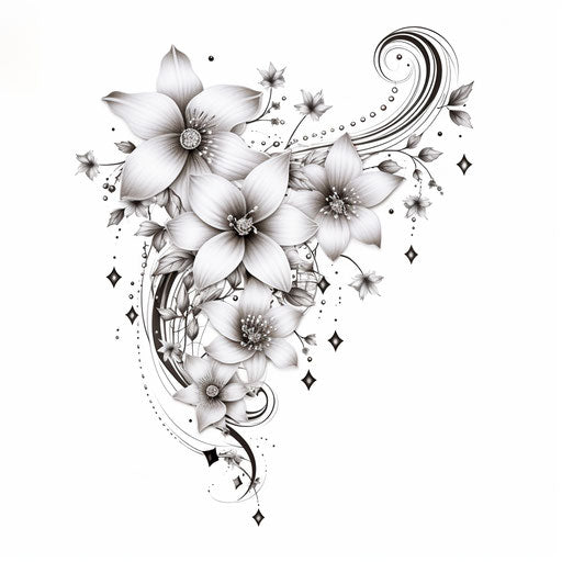 Flowers and stars in black and white tattoo style