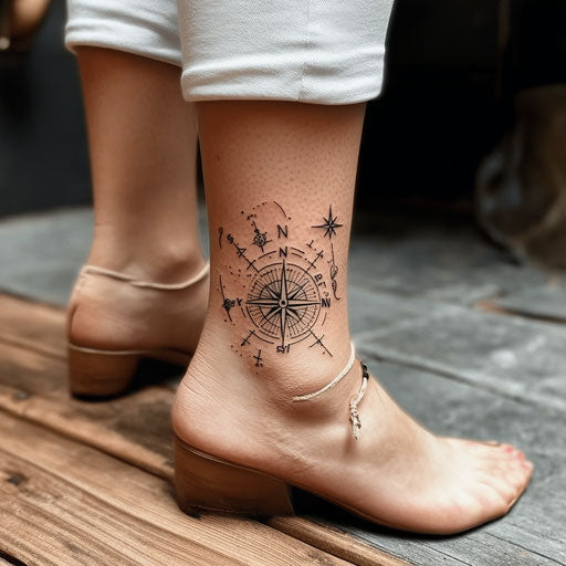 Ankle tattoos for women with vintage compass and map, Sailor Jerry style