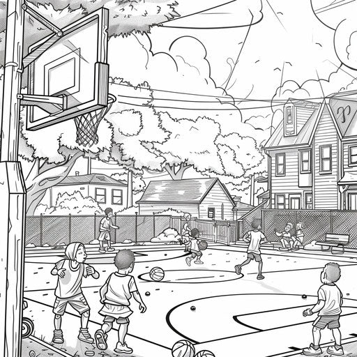 Children playing basketball in a neighborhood court