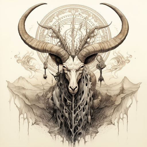 Trojan goat in the desert poster, intricate dotwork style