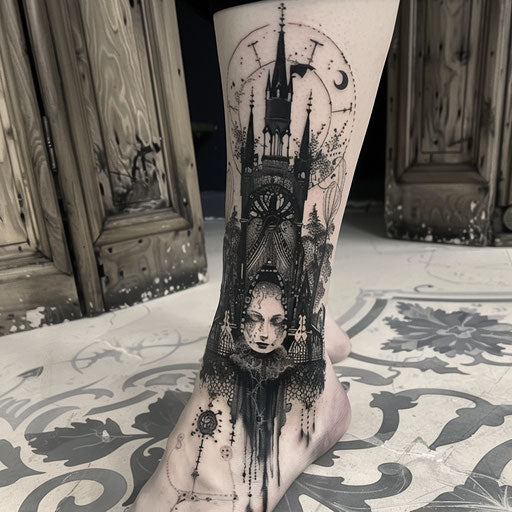 Foot tattoos in the style of Gerald Brom with gothic, mystical elements