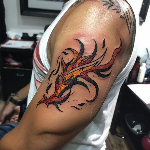 Bicep tattoo of tribal flames, in the style of Humberto Ramos, on the bicep