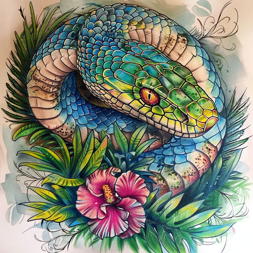 Sketch of tropical cobra tattoo with lush greenery and vivid floral accents