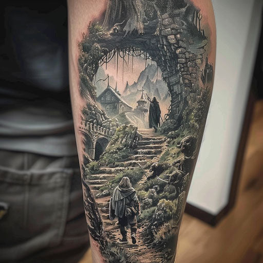 Epic scene of a hero's journey in the style of Peter Jackson