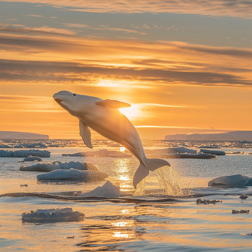 Beluga whale leaping in front of stunning sunset