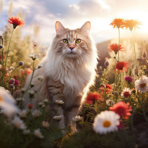 Norwegian forest cat in a field of flowers