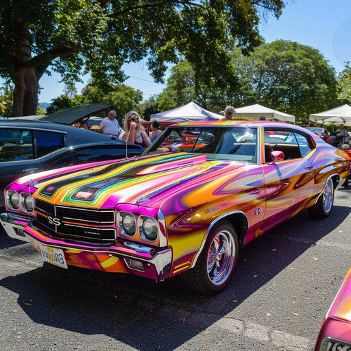 1977 Chevelle with vibrant psychedelic paint at classic car meet
