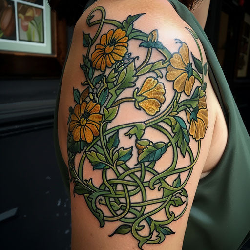 Celtic wildflower tattoo, knotwork patterns, green and gold accents, mythical