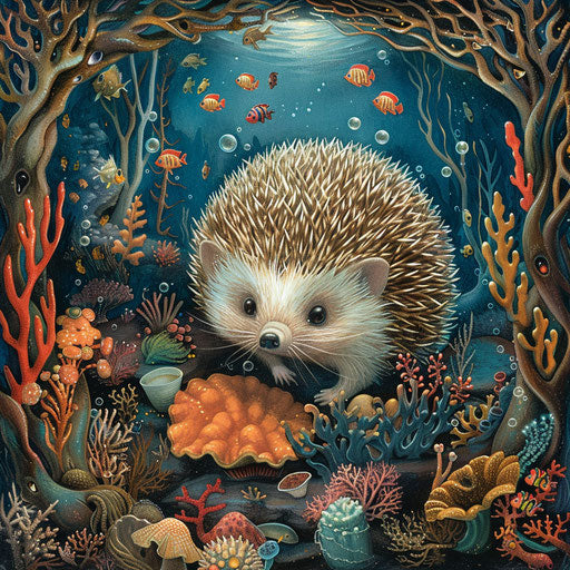 Underwater hedgehog imagining life in coral reef