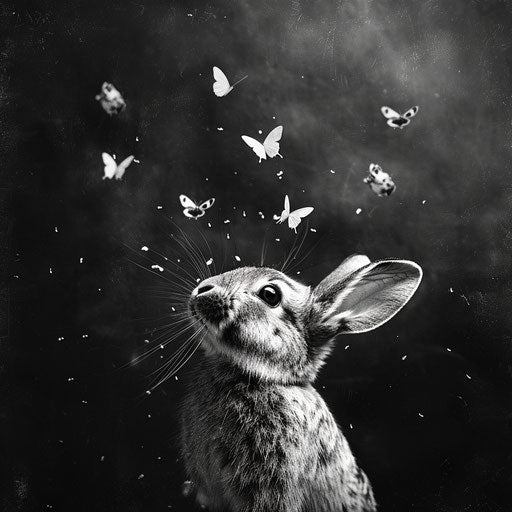Bunny and butterflies in the style of Laurent Baheux