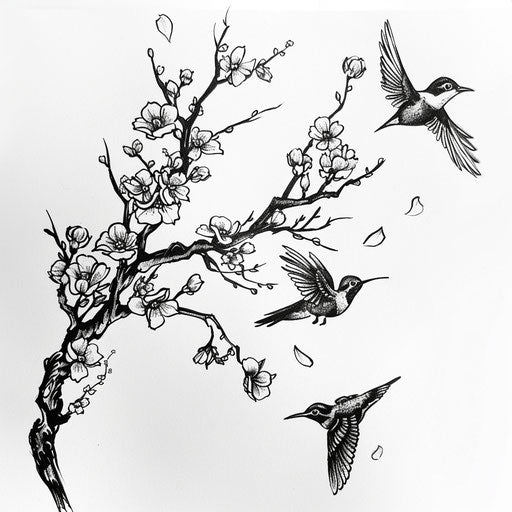 Flat sketch of a surreal sakura branch with blossoms transforming into birds