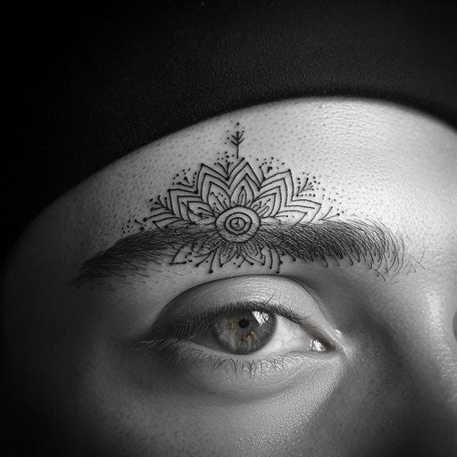 Eyebrow tattoo with mandala-inspired designs above the brow
