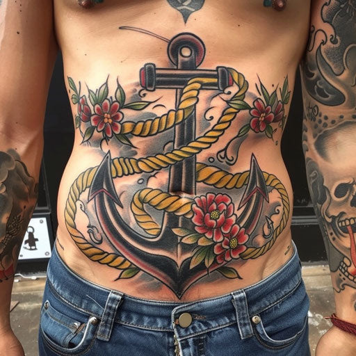 Men's stomach tattoos of an anchor and ropes