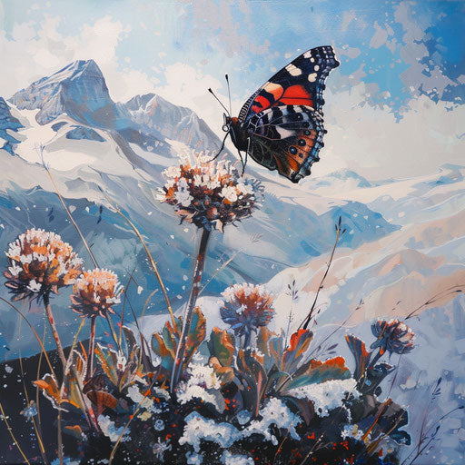 Red admiral butterfly on a snow-capped mountain flower