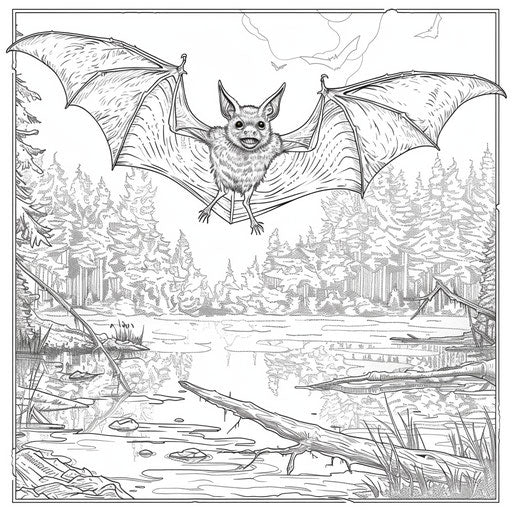 Detailed bat flying over a misty lake